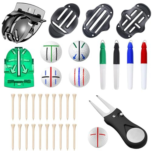 AQTAQ 9 Pcs Golf Ball Line Drawing Marker,5 Golf Ball Marking Stencils and 4 Colors Golf Ball Markers,1 Golf Divot Repair Tool,20 Natural Wood Golf Tees,Golf Ball Alignment and Identification Tool