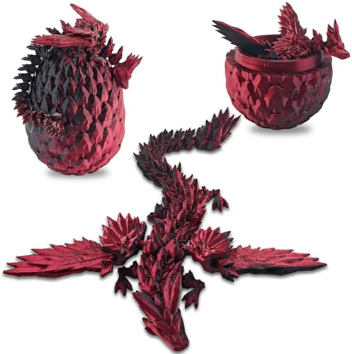Dragon Imprimé en 3D dans Un Œuf, Dragon Imprimé 3D | Dragon de Cristal Articulé avec Œuf de DragonN, Convient pour les Voitures (Rouge et noir)