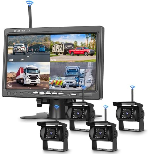 Digitale Senza Fili Telecamere Retromarcia, 4 Telecamere Kit 7 Pollici IPS Monitor 4 Schermo Diviso Visione Notturna, BSD, Image Flip Telecamera Posteriore Auto Camion/Bus/Furgone/Camper/Rimorchio