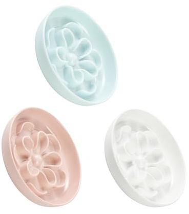 Gamelle Chat Anti Glouton Mélaminé - Gamelles à Alimentation Lente - Fleurs Labyrinthe - Compatible Lave-Vaisselle - Lot de 3 (Blanc, Rose et Bleu)