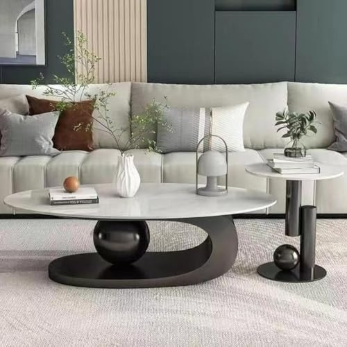 Ovale Couchtische aus Stein für das Wohnzimmer, moderner ovaler Couchtisch aus zeitgenössischem Stein, Mitteltisch mit Beistelltischen, 2er-Set, abstrakte Tische für das Wohnzimmer, Büro, Schwarz, 10