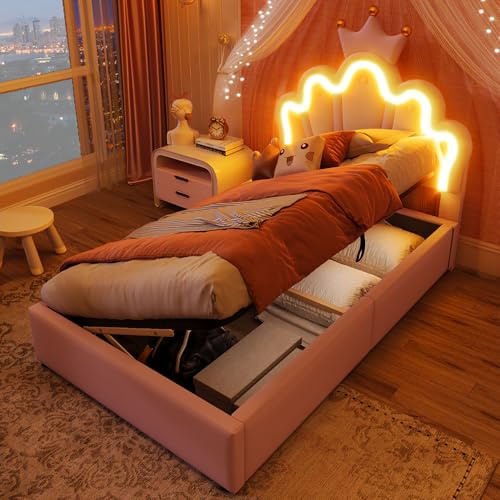 TOBIDOEN Polsterbett 90x200 cm Kronenförmiges Prinzessinnenbett, Stauraum mit Bettkasten, Kinderbett mit Kopfteil-Atmosphärenmodus und Verstellbarer Kopfteilhöhe, PU-Stoff, Rosa, Ohne Matratze