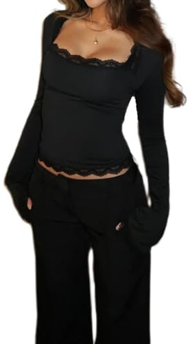 RUIWANBBY Women Y2K Long Sleeve Crop Tops Lace Trim Low Cut Square Neck Knit Blouse Shirt Sexy Slim Fit Going Out Streetwear