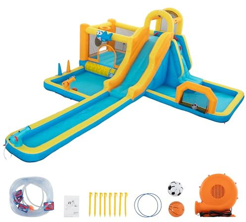 UEV Aufblasbarer 9-in-1 Hüpfburg XXL mit Gebläse, EN71-1/2/3, 590x502x220cm | Kletterwand, Springen, Wasserpistole, Ballspielplatz, Extra lange aufblasbare Rutsche, for Indoor & Outdoor