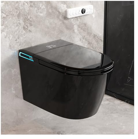 Inodoro modular negro inteligente suspendido, con descarga automática, tapa de apertura/cierre automático, asiento calefactable, agua caliente/secador, inodoro moderno alargado con bidé integrado