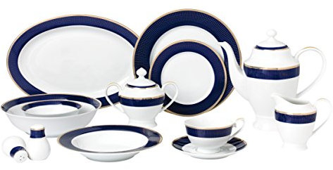 Lorren Home Trends Mindnight-57 57 Piece Dinnerware Set-Bone China Service for 8 People-Midnight, Porcelain, Blue