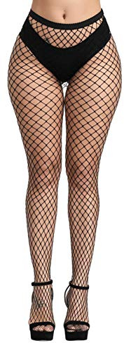 Pareberry Women's High Waisted Fishnet Tights Sexy Wide Mesh Fishnet Stockings (Black(Middle Hole))