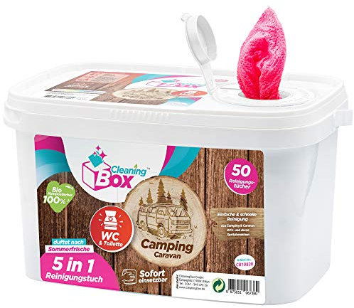 CleaningBox® CaravanWipes Feuchte 5-in-1 Reinigungstücher Camping & Caravan, 50x Reinigungstücher für WC und Toilette - Wohnmobil und Wohnwagen Zubehör - Biologisch Abbaubar und Made in Germany