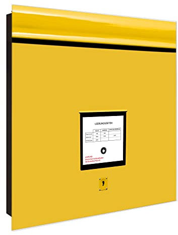 banjado® Großer Schlüsselkasten Glas/Schlüsselbox 30cm x 30cm mit 50 Haken - Motiv Briefkasten Gelb/Schlüsselkasten modern für Schlüsselaufbewahrung mit beschreibbarer, magnetischer Glastür