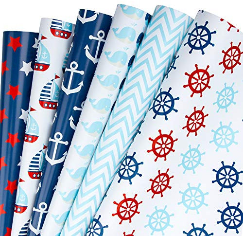 RUSPEPA Geschenkpapierblatt - Nautical Anchors Blue Design Für Geburtstag, Urlaub, Hochzeit, Babyparty - 1 Rolle Enthält 6 Blatt - 44,5 X 76 cm Pro Blatt