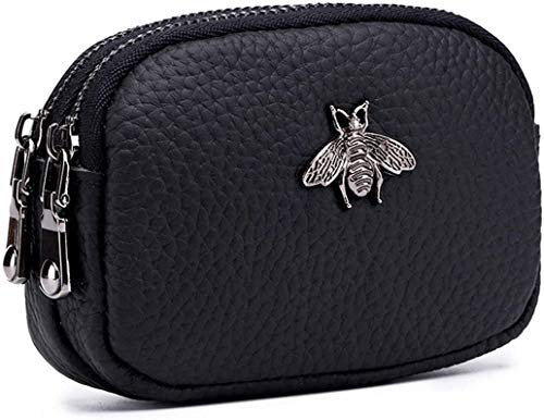 Porte-Monnaie en Cuir véritable pour Femme - Double Zipper Bee Change Pouch Wallet Card Holder Porte-Monnaie Mini Simple Cute Coin Pocket utile pour Les Femmes (Noir)