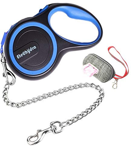 Etechydra Einziehbare Hundeleine Strapazierfähig mit Anti-Biss-Stahlkette, Hundeleine 5 m mit Kette Leinen Nylonband Rollleinen, Ausziehbar Hundeleine für mittelgroße Große Hunde，Blau
