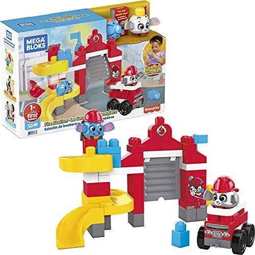 Mega Bloks GYH11 - Guck-Guck-Feuerwache Bauset, mit 2 Guck-Guck-Tieren, Zubehör und 42 Bausteinen, für Kinder ab 1 Jahr