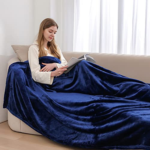 ml MassAri Limited Fleece Blanket Sofa Bed Throw 200x240 Navy King Size Luxurious Cosy Winter Warm Faux Fur Reversible (Navy Blue, King)