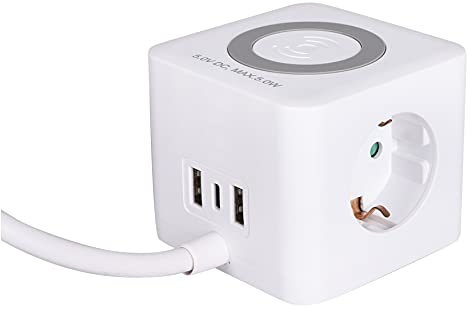 Q-LINK Mehrfachsteckdose Mit USB und Wireless Charger - 3 Steckdosen - USB A und C Anschlüsse - Drahtlose Ladestation - Weiß - 5.0V DC - 1,5m Kabel