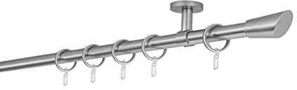 ondeco Gardinenstange auf Maß 20mm Rag 1-lauf Vorhangstange Deckenträger 4cm Stilgarnitur mit Ringen für Vorhänge 120cm Edelstahl-Optik