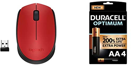Logitech M171 Wireless Mouse, 2.4 GHz with USB Mini Receiver - Red + Duracell NEW Optimum AA Alkaline Batteries [Pack of 4]