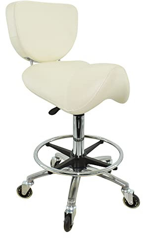 VAKON SALON - Sattelhocker mit Lehne Weiß, Sattelstuhl für Rückenentlastung, Rollhocker höhenverstellbar von 55-75 cm mit Fußring, Drehhocker, Praxishocker, Bürohocker, Arbeitshocker
