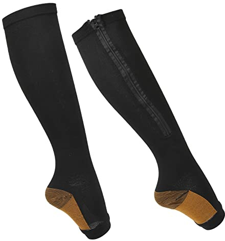 Kompressionssocken mit Reißverschluss Weiches Nylon Waschbar Wiederverwendbar Offene Zehen Beinformungssocken für Damen und Herren Hohe Elastische Wadenkompressionsstrümpfe mit(L XL Schwarz)