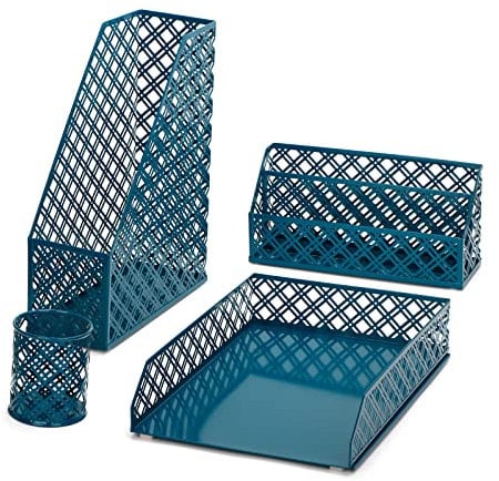 Exerz Schreibtisch Organisator 4-teilig Büro-Set/Tischplatte Ablage Metallgitter Inklusive: A4 Briefablage x 1, A4 Zeitungsständer x 1, Briefhalter x1, Stifthalter x 1 - Ägäisches Blau