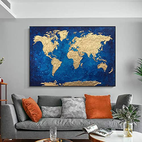 Abstrakte Vintage Gold Globe Weltkarte Ölgemälde Posterdruck Leinwand Kunst Wandbild Büro Wohnzimmer Dekor 70x100cm Rahmenlos