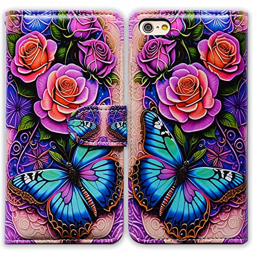 Bcov iPhone SE 3rd Gen 2022 Case,Blue Butterfly Flowers Rose Leather Flip Phone Case Wallet Cover with Card Slot Holder Kickstand for iPhone SE 2020 7 8