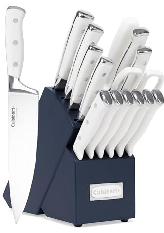 Cuisinart 15-Piece Knife Set with Block, High Carbon Stainless Steel, Forged Triple Rivet, White/Navy C77WTR-15PN