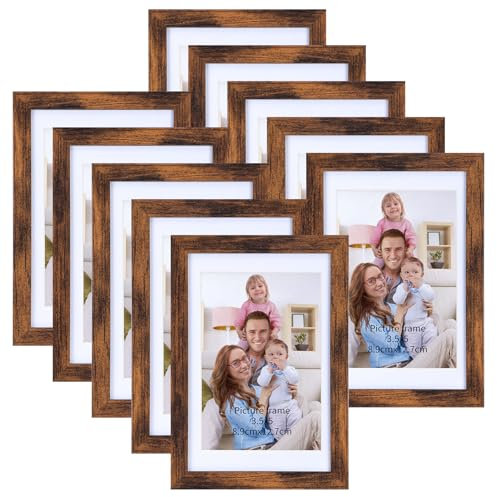 Giftgarden 10 Stück Bilderrahmen 9x13 cm mit Passepartout, Braun Fotorahmen Collage Set für 10x15 cm Fotos Ohne Passepartout, Wand- oder Tischaufsteller