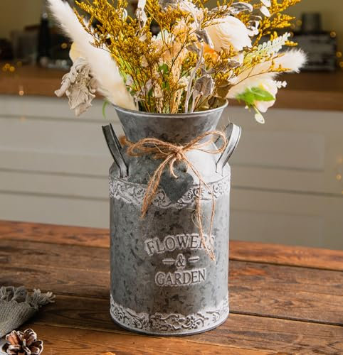 TIMRIS Vintage Galvanized Metal Milk Can, Farmhouse Decorative Flower & Garden Pitcher Vase, Rustic Milk Jug Vase for Flowers, 10.6’’H