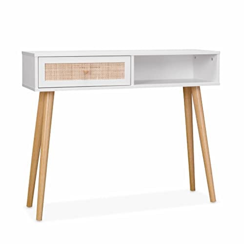 Alice's Home - Console en cannage 100x29x81cm - Bohème - Blanc. 1 tiroir.1 Espace de Rangement. Pieds scandinaves décor Bois. 1 poignée