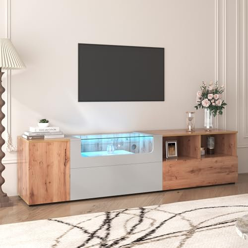 Azkoeesy TV-Schrank Lowboard 190 cm mit 3 Türen und offener Stauraum, mit LED-Beleuchtung, TV Board Fenseher Kommode TV-Möbel in Landhausstil, Hellgrau und Natur