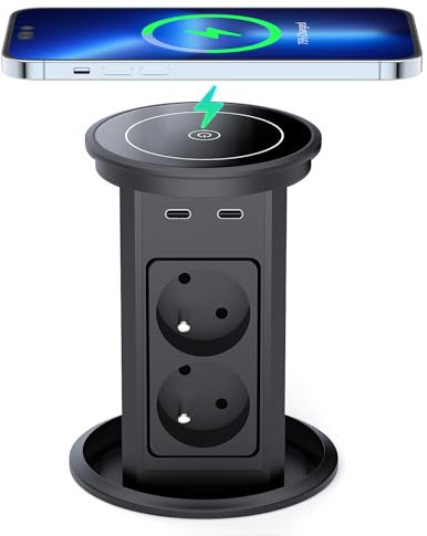Bloc Prise Encastrable Automatique, Dinolink Multiprise Escamotable avec 4 Prises, 2 USB C(PD 20W), 2 USB A(18W), Chargeur sans Fil 10W, Câble de 2M, Ø 100MM, pour Bureau, Cuisine
