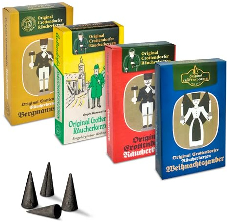 Crottendorfer Räucherkerzen 4er Set Nostalgie mit 24 ST pro Pack | Crottendorfer Räucherkerzen 4er Set Nostalgie mit 24 ST pro Packung, Räucherkegel Größe M, Weihnachtszauber