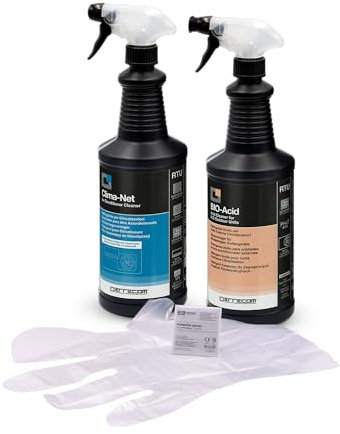 ERRECOM Kit limpieza de aire acondicionado, incluye Clima-Net 1L limpieza unidad interna y filtros, detergente ácido Bio Acid 1L tensioactivos biodegradables para limpieza unidad externa, guantes