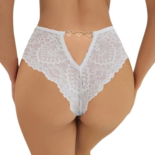 ROSVAJFY String Sexy Dentelle Femme Tanga Chic sous-Vêtements Culottes Creuses Au Dos Slip Transparent Taille Basse Lié à Un Anneau Forme Cœur Respirant Hot Panties Stretch Lingerie