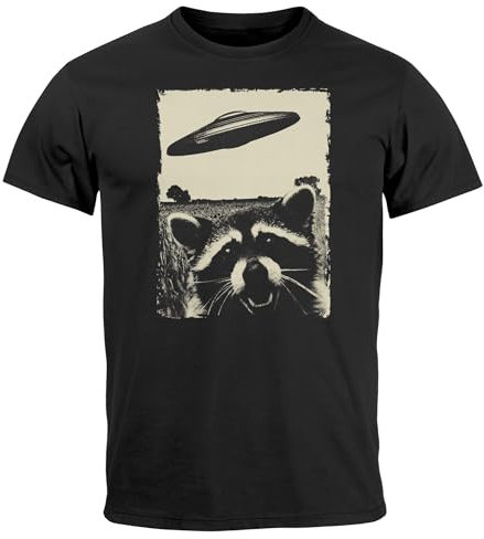 Neverless® Herren T-Shirt UFO Waschbär Aliens Fotodruck Printshirt Frontprint Fashion Streetstyle Fashion Streetstyle schwarz L
