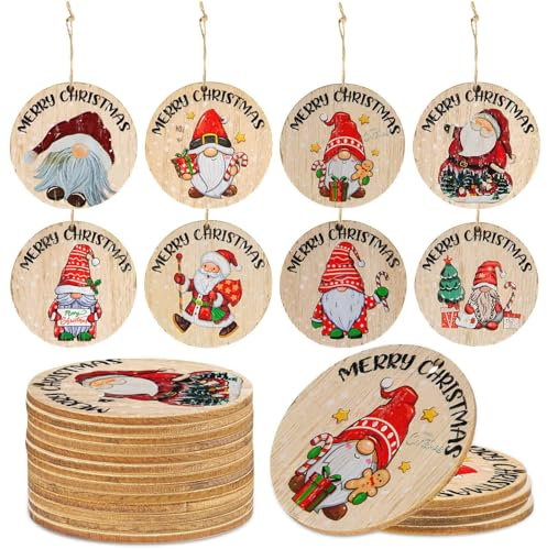 Ciondoli Natalizi per Albero,Decorazioni Albero di Natale Legno,Palline di Natale Legno il Giro,24 Pezzi 8 Stili Ornamenti Albero di Natale per Appese Decorazioni Natalizie Artigianato 6x6cm