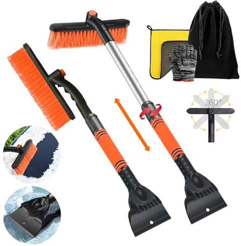 RURIZHONGTIAN Eiskratzer Auto mit Besen Teleskop, Schneebesen Auto Teleskop, Schneebesen Auto Lackschonend, 3 in 1 Erweiterbar Abnehmbarer Eisschabe 360 Grad Bürstenkopf Schneebürste für Auto LKW SUV