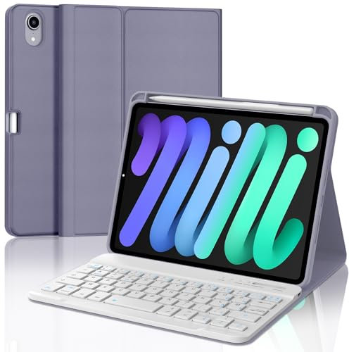 WINCHKING Coque Clavier pour iPad Mini 7 2024, AZERTY Français Housse Clavier Bluetooth Magnétique Détachable pour Tablette iPad Mini 8,3 Pouces 7 2024/ Mini 6 2021, Violet