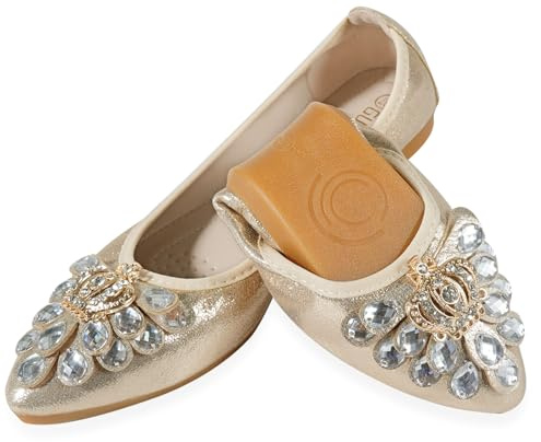 YOUNIFIZ Women's Elastic Foldable Portable Pumps Bling Beads Ballet Ballerina Flats Dolly Shoes