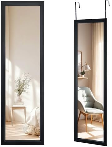 Shoze Over the Door Mirror, 110 X 33cm Full Length HD Glass Mirror with Hooks, Wall Mounted Hanging Dressing Mirror for Bathroom, Bedroom and Wardrobe, Black