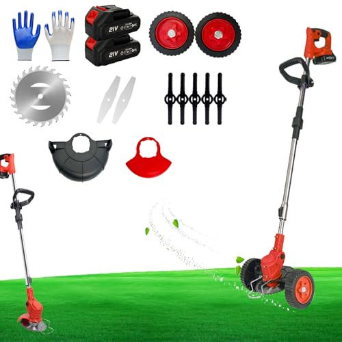 Hooha Tagliaerba elettrico con batteria da 2,0 Ah, 2 x 21 V, potente motore senza spazzole, 18000 giri/min, 3 tipi di lame affilate e ruote, trimmer giardino, prato, fattoria, parco, cortile,