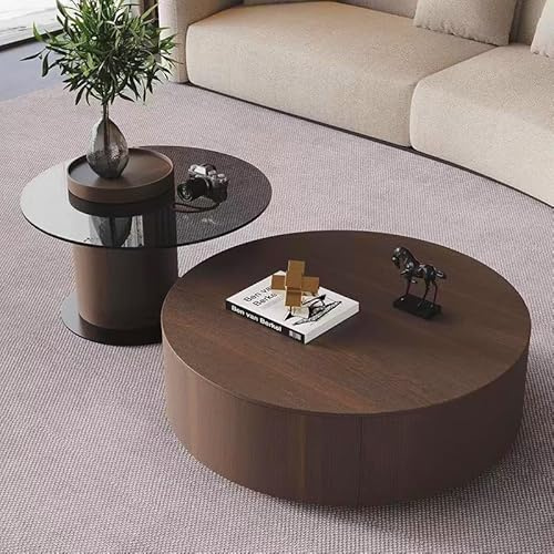 Set mit 2 modernen einfachen Tischen und rundem Couchtisch aus massivem Nussbaum mit funkigem Couchtisch und Tischplatte aus gehärtetem Glas, luxuriöse runde Kaffeetische für Wohnzimmer, einzigartiger