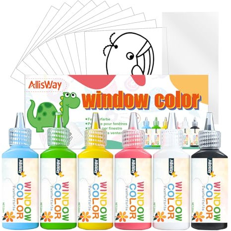 AllisWay Window Color Set, Peinture Vitre 6 x 22 ml, Peinture Vitrail et 50 Modèles de Motifs D'animaux, Convient aux Surfaces Lisses Telles Que Verre, Miroirs et Carreaux de Céramique, Projets DIY