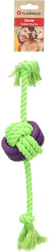 Flamingo Hundespielzeug – Gropa Knotenball & Seil 2 Knoten Grün/Lila – Zahnpflege – Länge 40 cm
