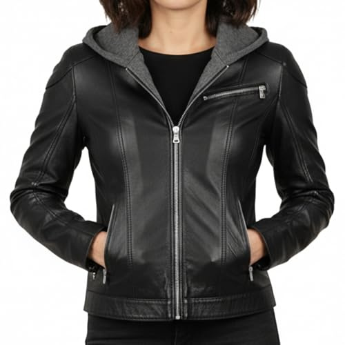 Leatherick Victoire Damenjacke aus echtem Lammleder mit abnehmbarer Kapuze – Schwarze Jacke mit hochwertigen silbernen Reißverschlüssen und