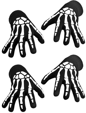 YUYWWAN Skelett Handschuhe Leuchtend Erwachsene, Schwarze Skeletthandschuhe Halloween, Kostümzubehör Handschuhe Skelett für Halloween, Karneval, Rollenspiel