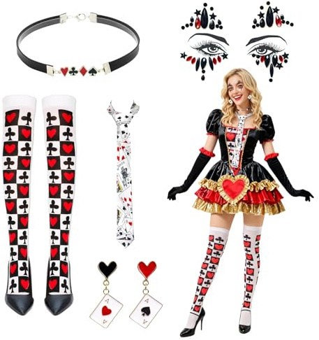 NebulaGlam Karneval Kostüm Damen, Rotes Herz Königin Kostüm Set, Casino Party Kostüm Schmuck, Poker Krawatte Halterlose Strümpfe Kragen Ohrringe für Faschingskostüme