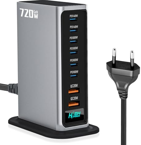 Puiseno 720W USB C Ladegerät Mehrfach, 8 in 1 GaN Laptop Schnellladegerät Ladestation PD140W, 100W/QC20W (6C+2A) Kompatibel mit MacBook Pro/Air, i-Pad, iPh0ne, HP, Galaxy S25 usw