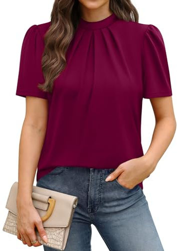 WIHOLL Blouses for Women Long Sleeve Tops Mock Neck Pleated Shirts Ladies Tops Business Loose Fit